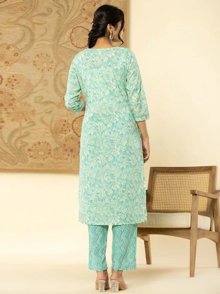 Pure Cotton Sea Green Floral Embroidery Kurta Dupatta Pant Set