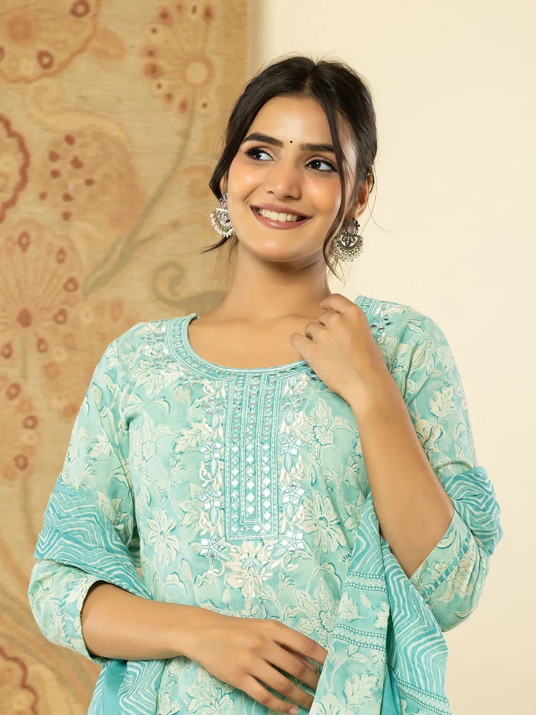 Pure Cotton Sea Green Floral Embroidery Kurta Dupatta Pant Set