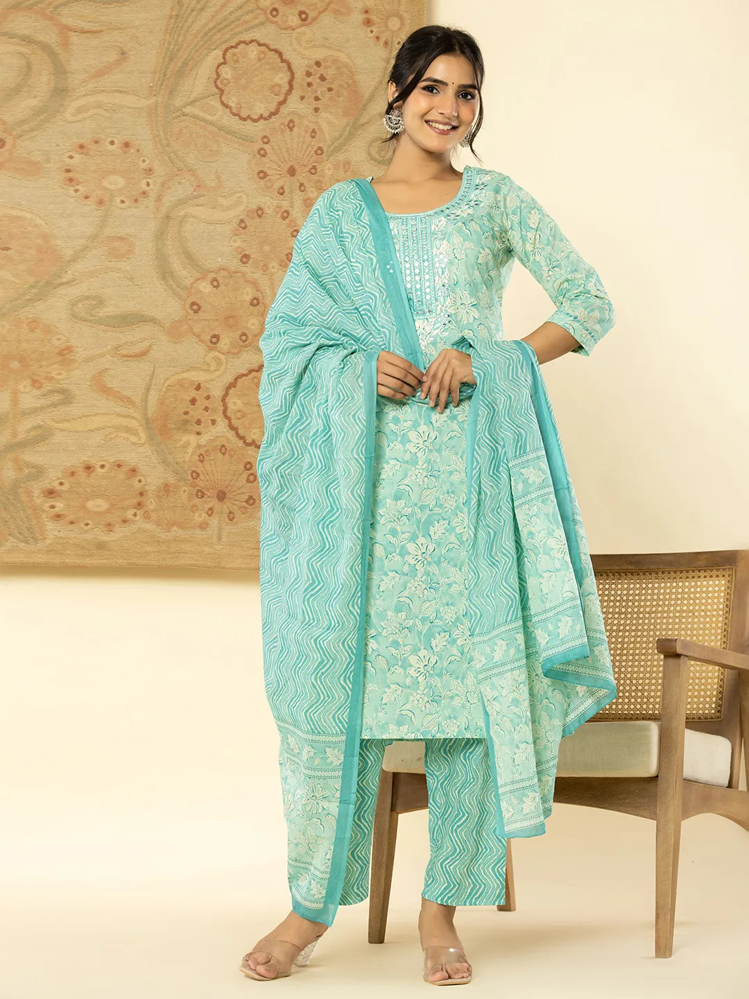 Pure Cotton Sea Green Floral Embroidery Kurta Dupatta Pant Set