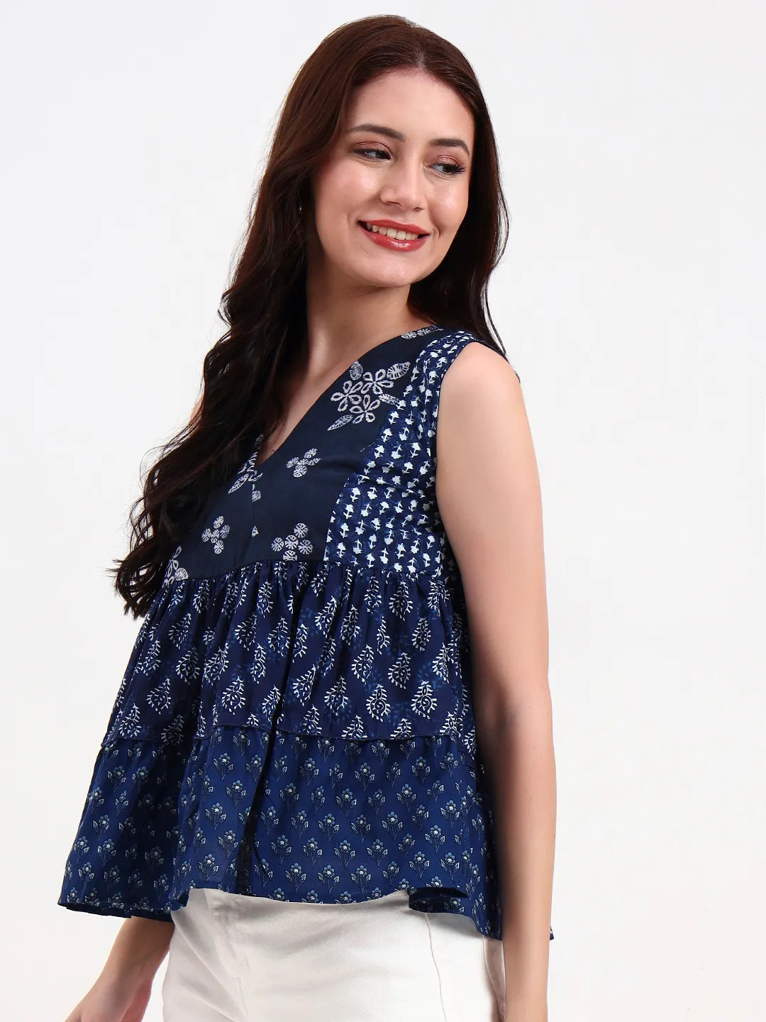 Cotton Navy Blue Patch Work Top