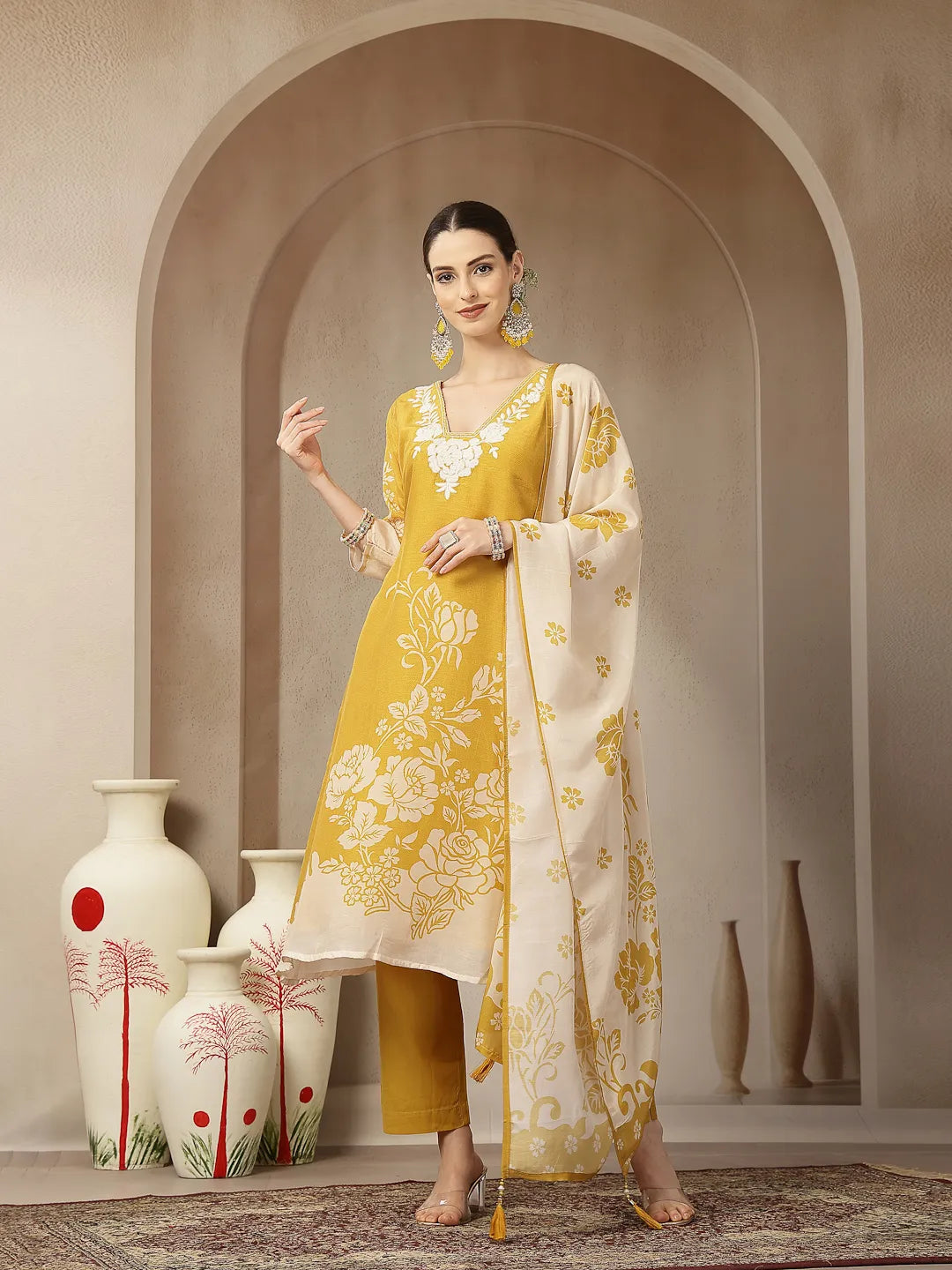 Mul Chanderi Yellow Kurta Dupatta Pant Set