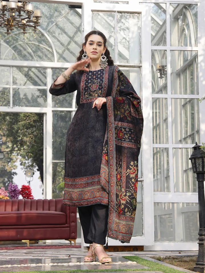 Pure Russian Silk Black Kurta Dupatta Pant Set