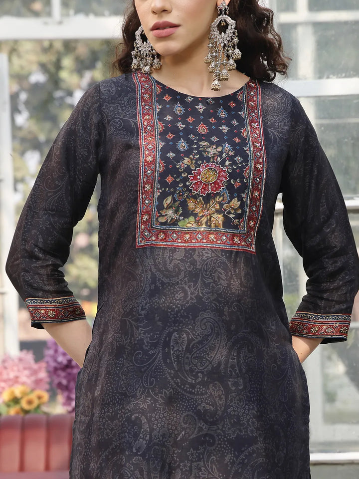 Pure Russian Silk Black Kurta Dupatta Pant Set