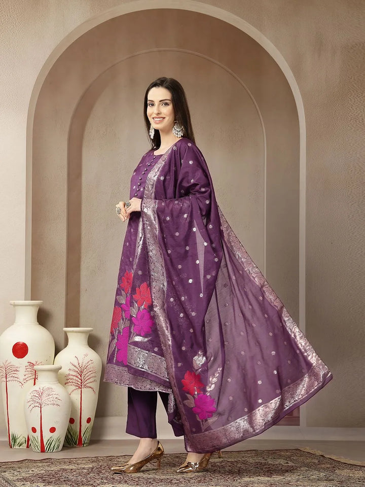 Purple Chanderi Silk Floral Straight Kurta Trouser Dupatta Set
