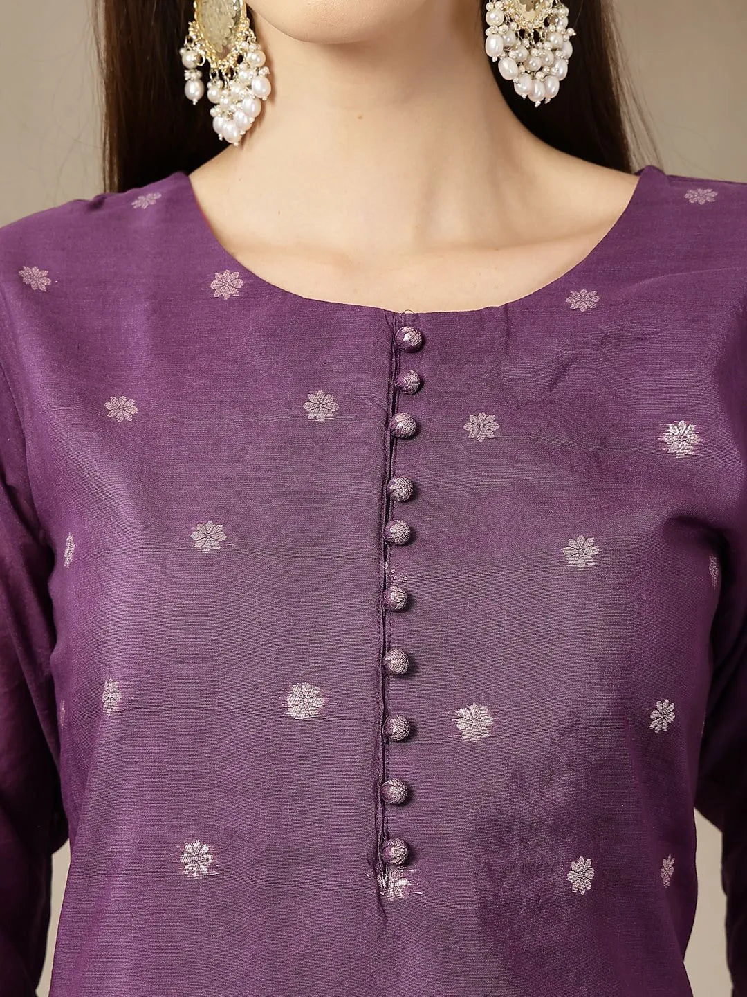 Purple Chanderi Silk Floral Straight Kurta Trouser Dupatta Set