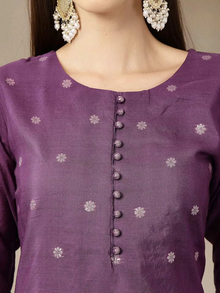 Purple Chanderi Silk Floral Straight Kurta Trouser Dupatta Set