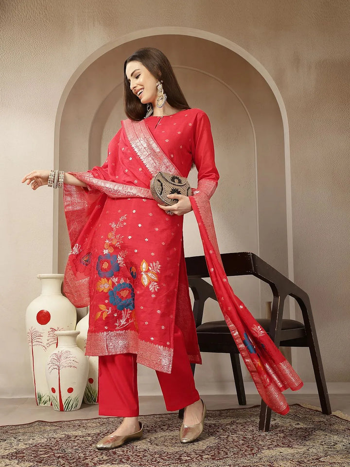 Red Chanderi Silk Floral Golden Print Straight Kurta Trouser Dupatta Set