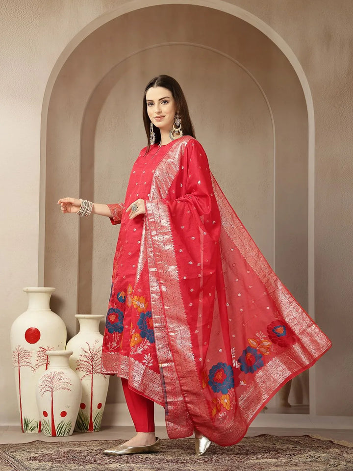 Red Chanderi Silk Floral Golden Print Straight Kurta Trouser Dupatta Set