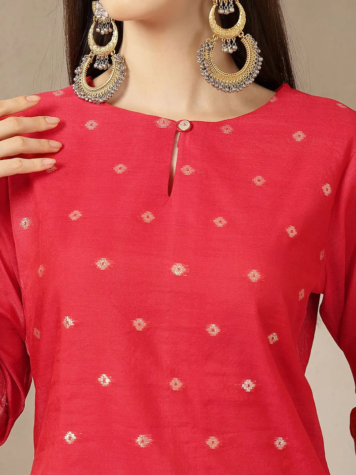 Red Chanderi Silk Floral Golden Print Straight Kurta Trouser Dupatta Set