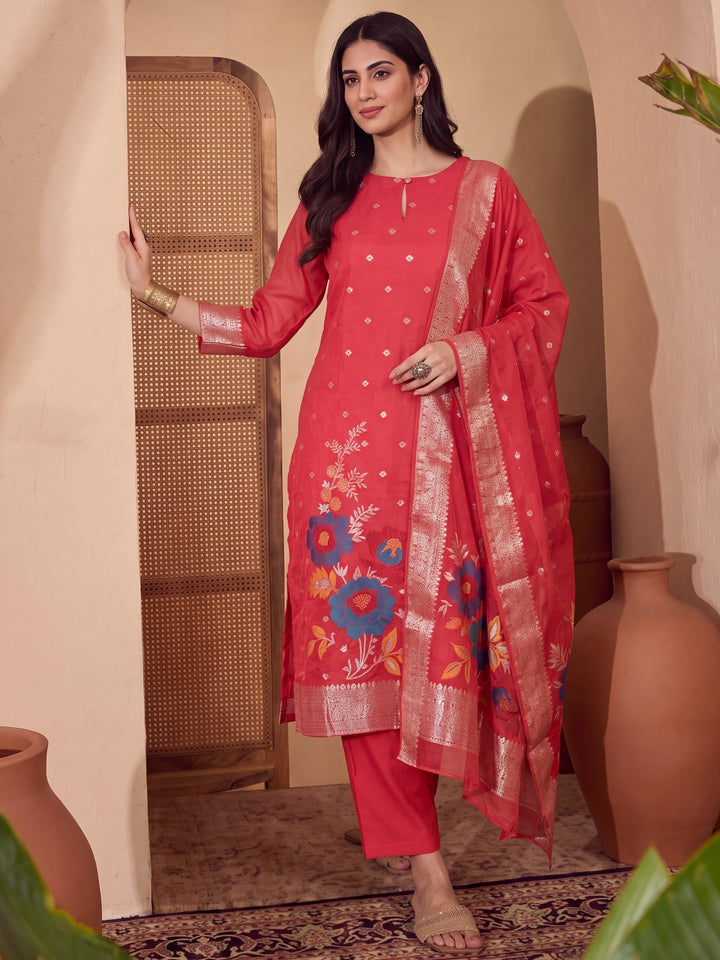 Red Chanderi Silk Floral Goldan Print Straight Kurta Trouser Dupatta Set