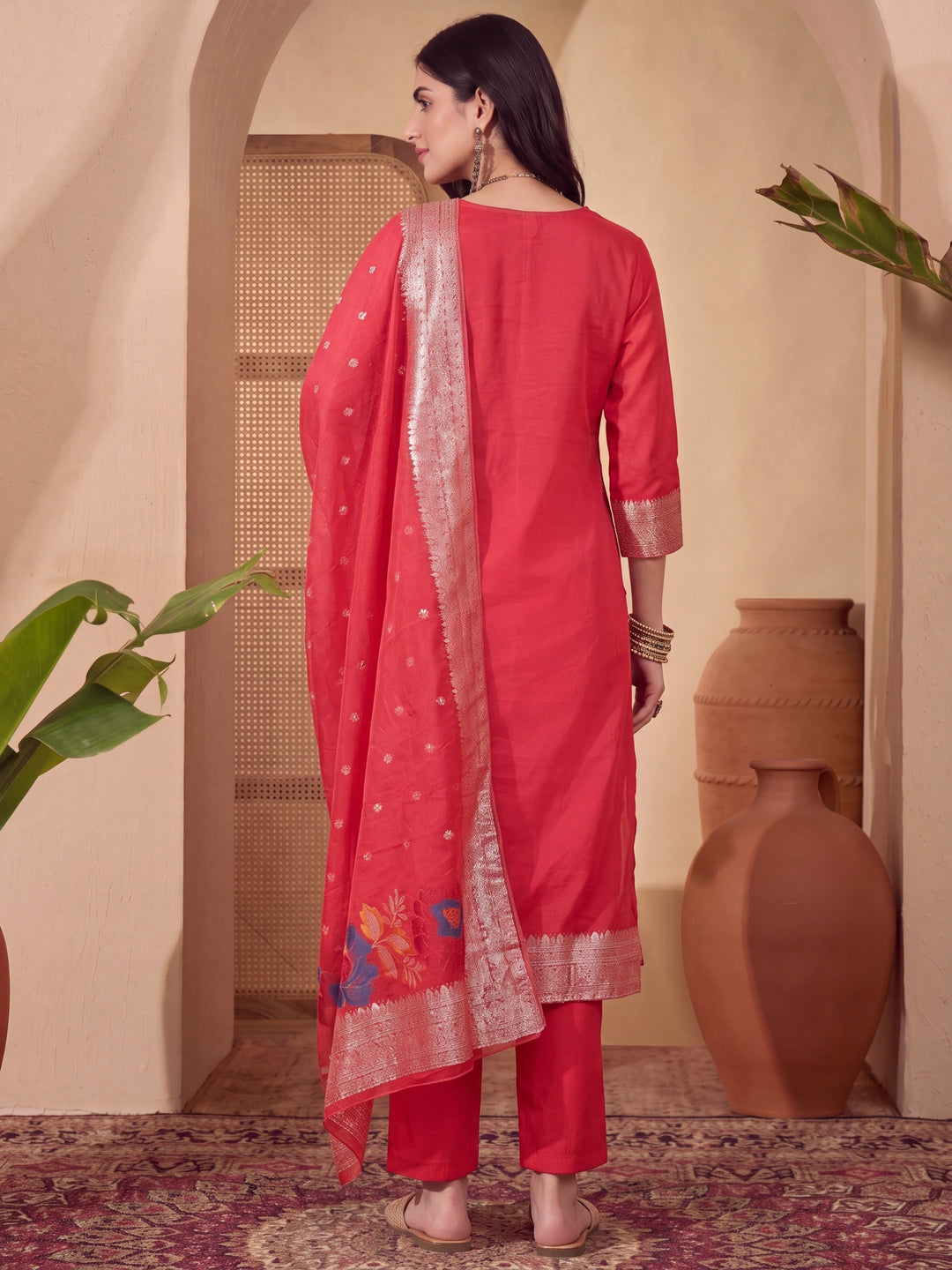 Red Chanderi Silk Floral Goldan Print Straight Kurta Trouser Dupatta Set