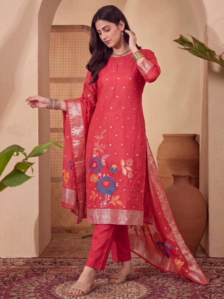 Red Chanderi Silk Floral Goldan Print Straight Kurta Trouser Dupatta Set