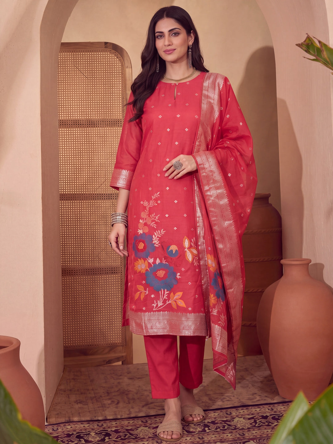 Red Chanderi Silk Floral Goldan Print Straight Kurta Trouser Dupatta Set