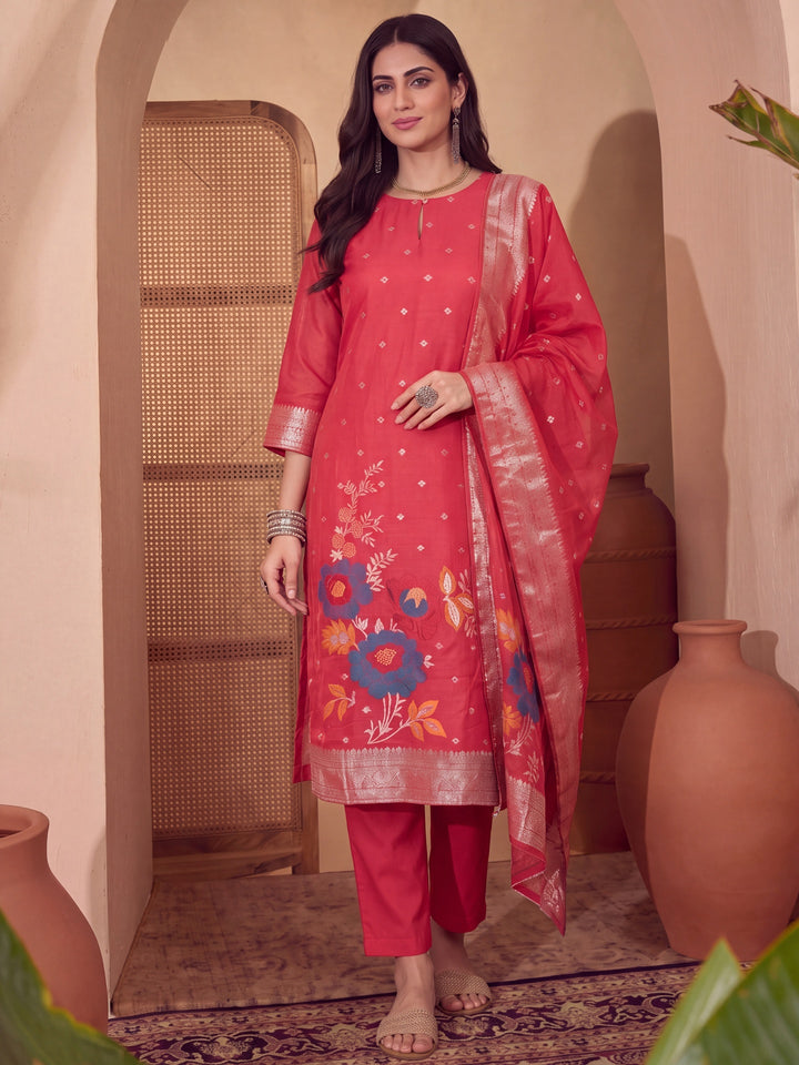 Red Chanderi Silk Floral Goldan Print Straight Kurta Trouser Dupatta Set