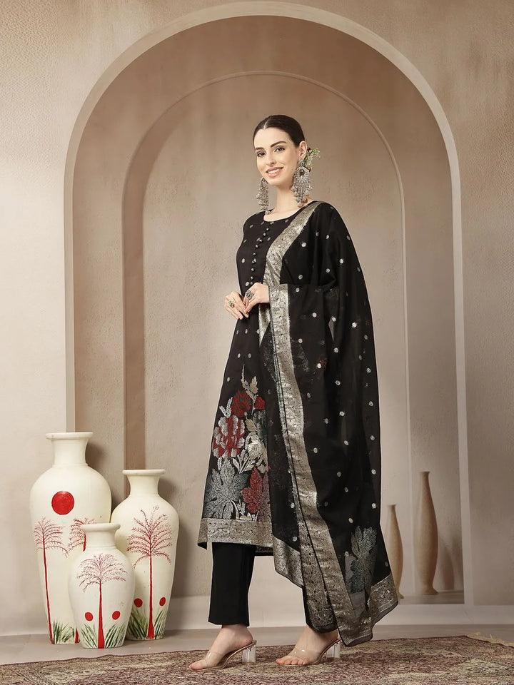 Black Chanderi Silk Floral Straight Kurta Trouser Dupatta Set