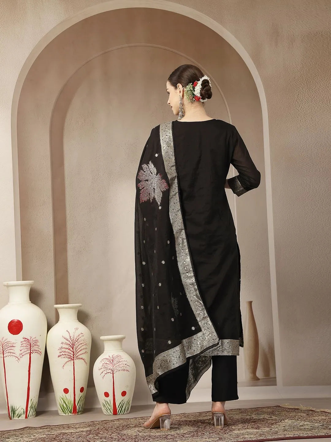 Black Chanderi Silk Floral Straight Kurta Trouser Dupatta Set