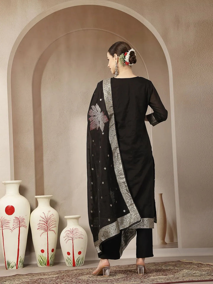 Black Chanderi Silk Floral Straight Kurta Trouser Dupatta Set