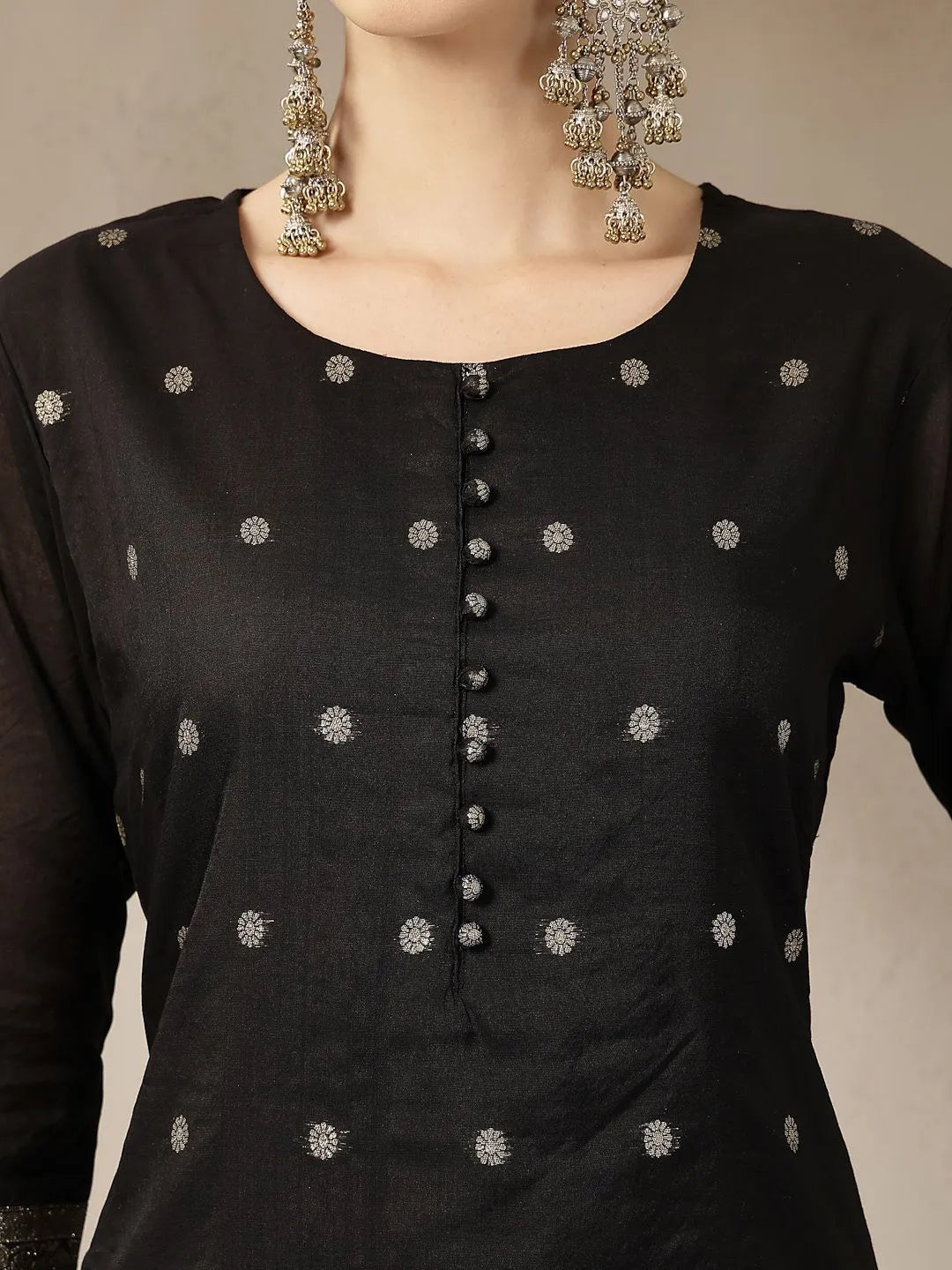 Black Chanderi Silk Floral Straight Kurta Trouser Dupatta Set