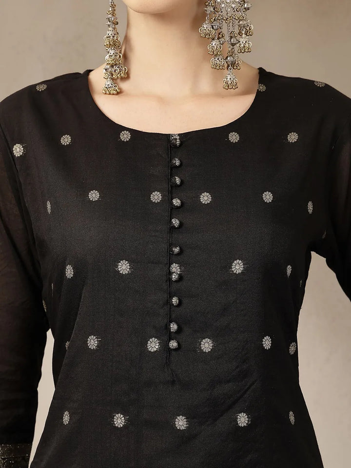 Black Chanderi Silk Floral Straight Kurta Trouser Dupatta Set