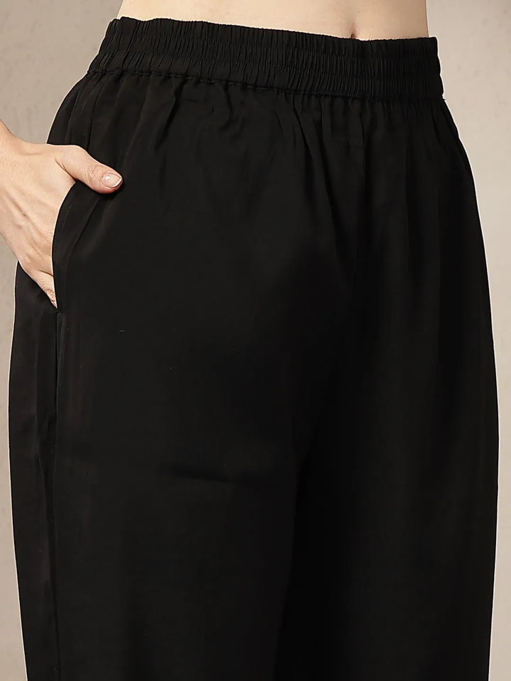 Black Chanderi Silk Floral Straight Kurta Trouser Dupatta Set