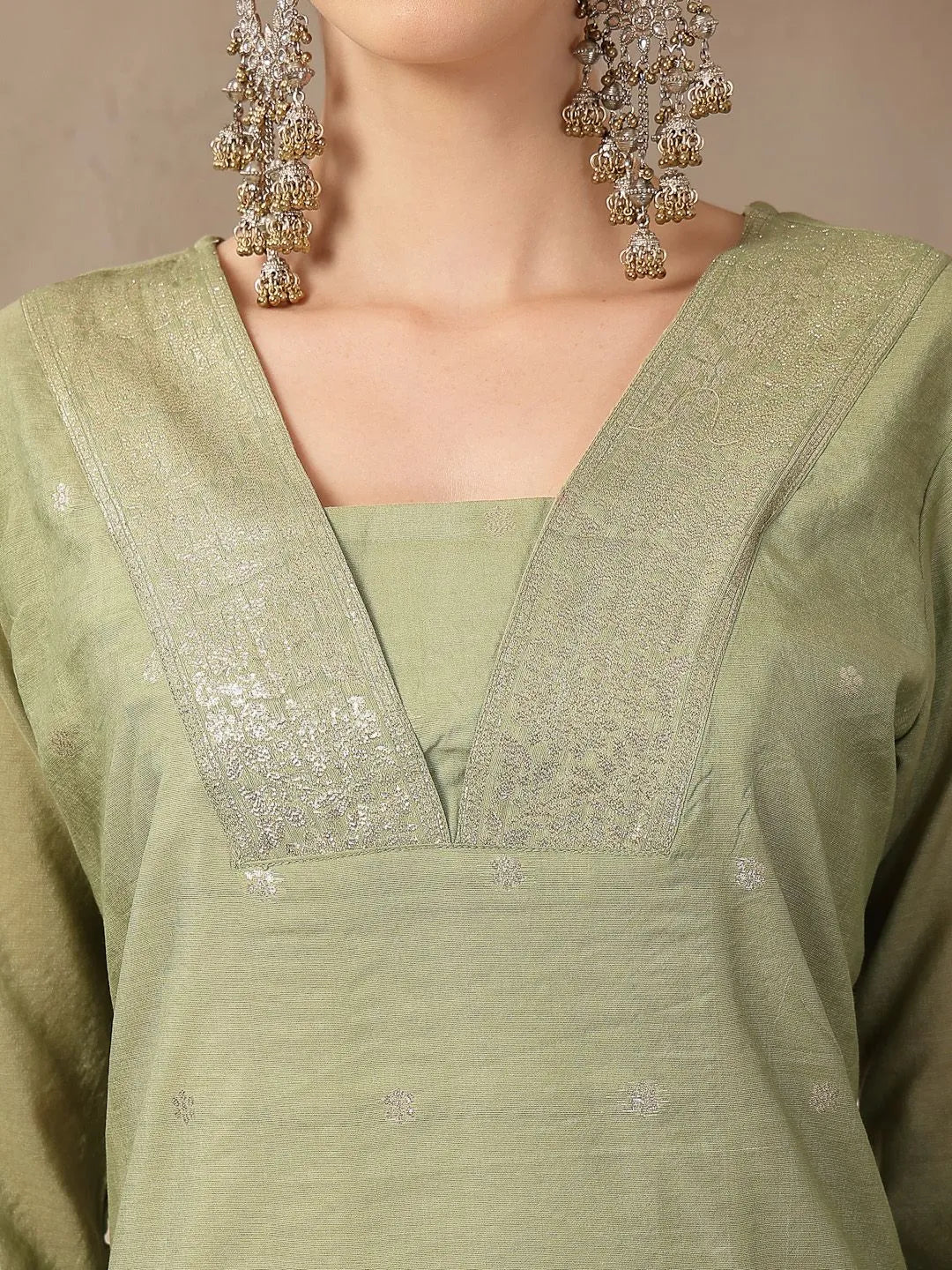 Green Chanderi Silk Floral Straight Kurta Trouser Dupatta Set