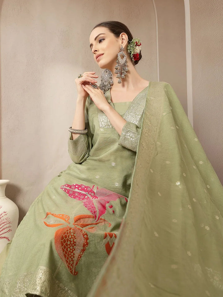 Green Chanderi Silk Floral Straight Kurta Trouser Dupatta Set
