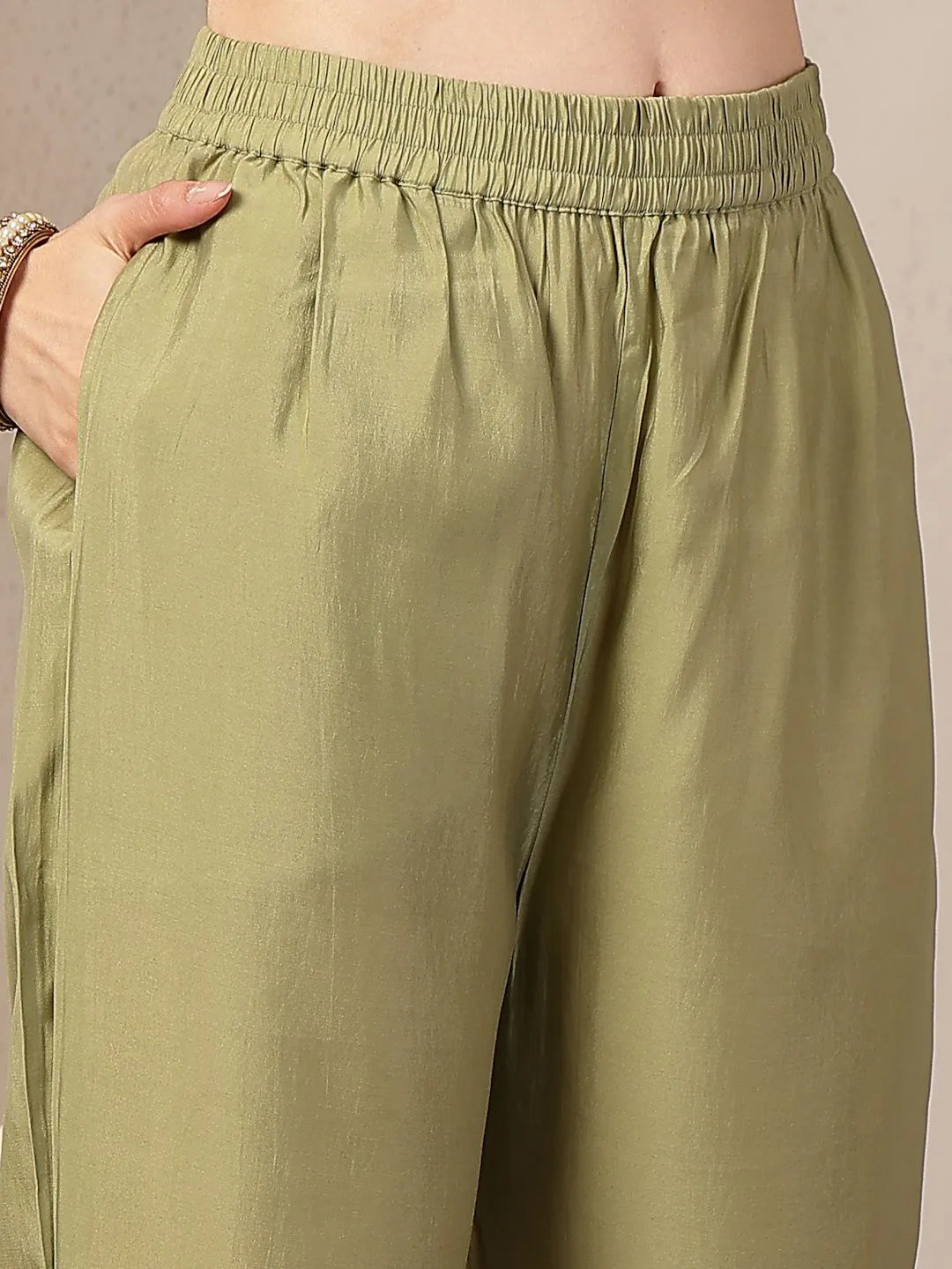 Green Chanderi Silk Floral Straight Kurta Trouser Dupatta Set