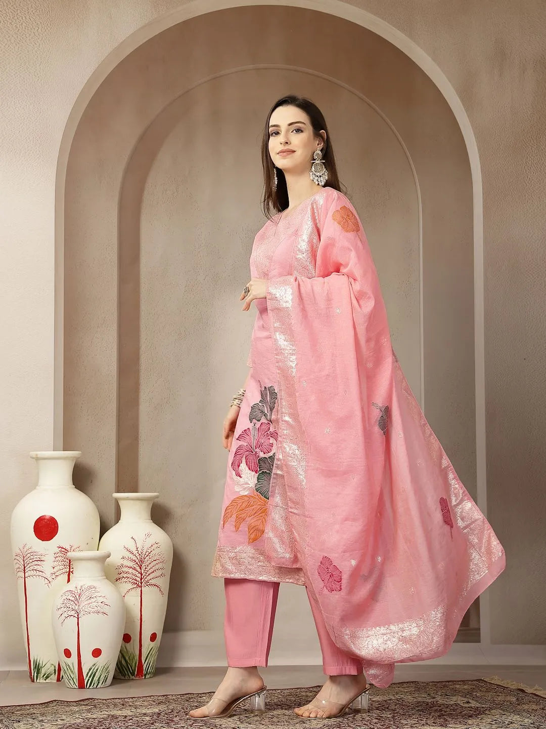 Peach Chanderi Silk Floral Straight Kurta Trouser Dupatta Set