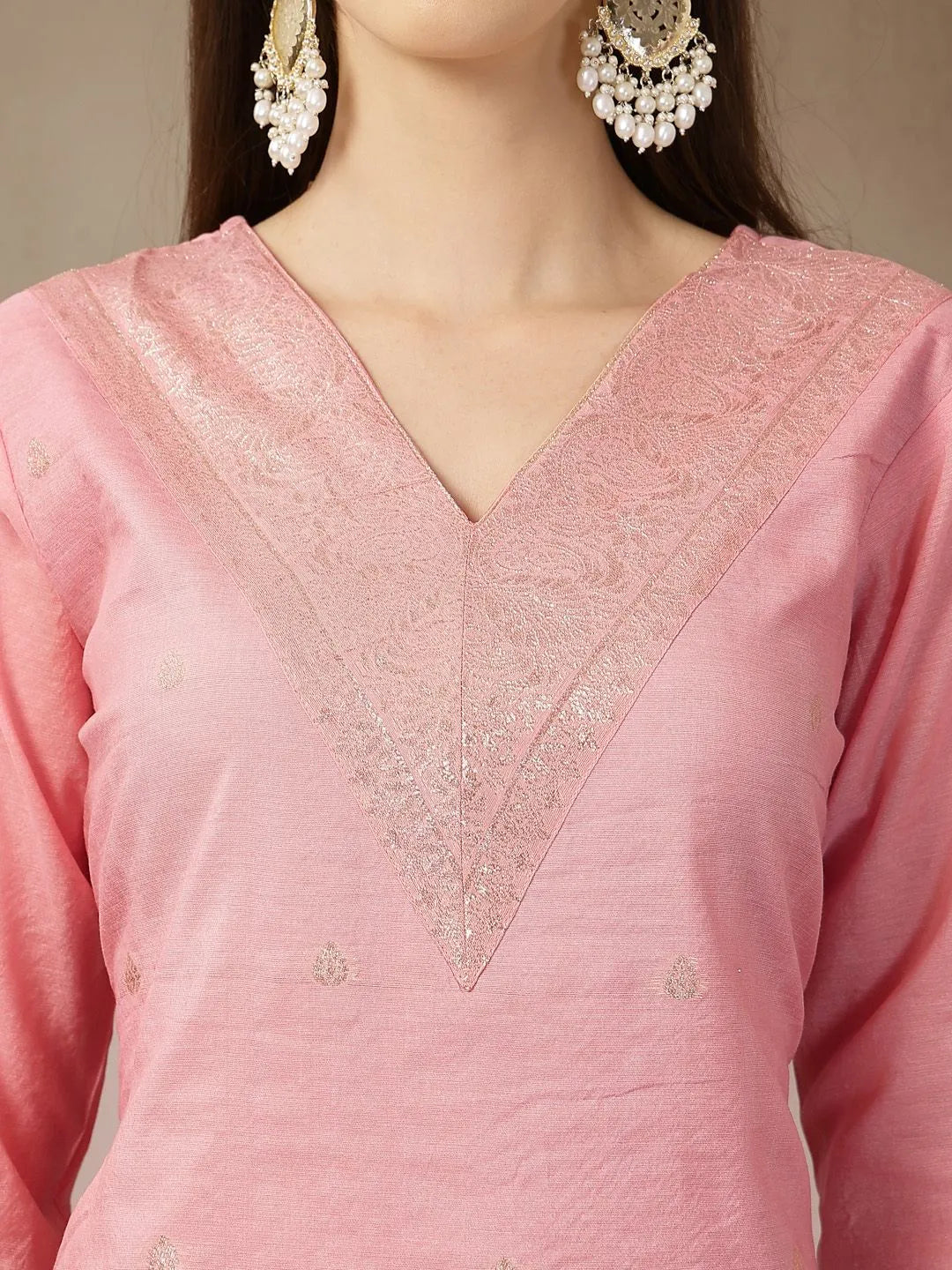 Peach Chanderi Silk Floral Straight Kurta Trouser Dupatta Set