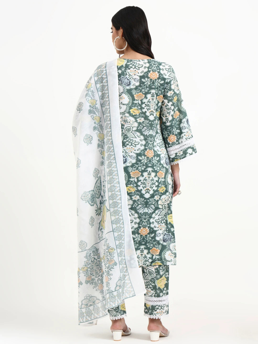 Green And White Cotton Pakistani Style Kurta Dupatta Set