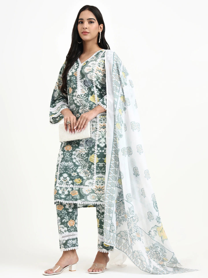 Green And White Cotton Pakistani Style Kurta Dupatta Set