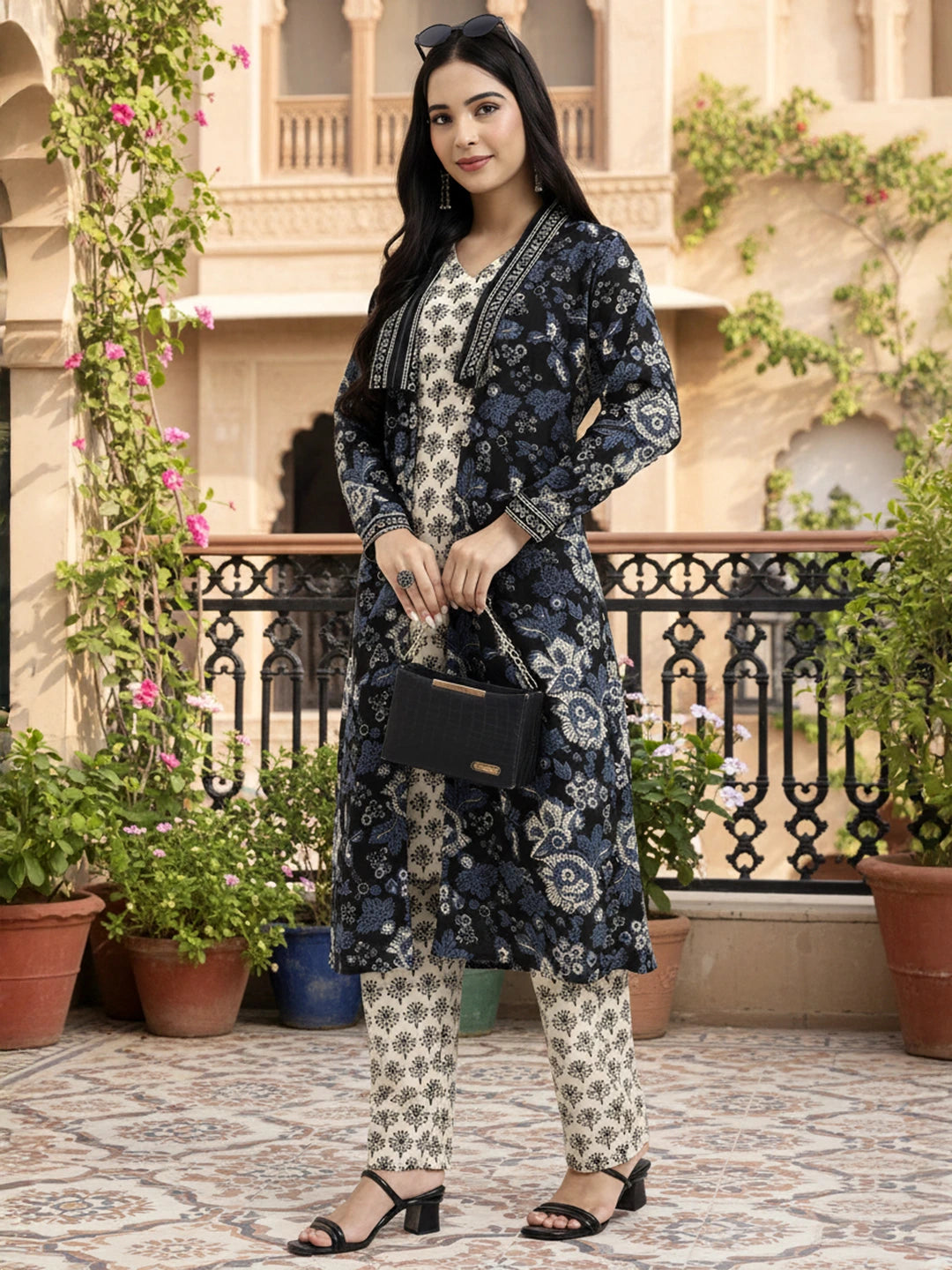Cream Printed Pure Cotton Straight Black Including Jacket-Style Co-Ord Set