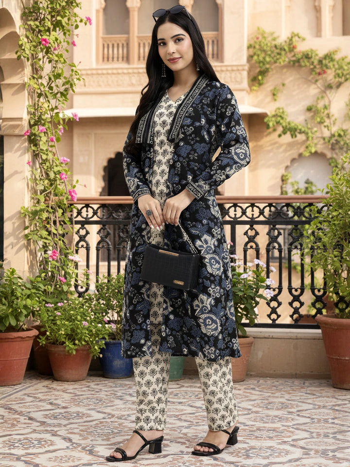 Cream Printed Pure Cotton Straight Black Including Jacket-Style Co-Ord Set