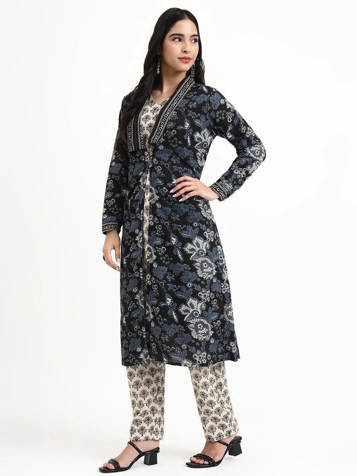 Cream Printed Pure Cotton Straight Black Including Jacket-Style Co-Ord Set