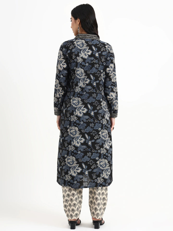Cream Printed Pure Cotton Straight Black Including Jacket-Style Co-Ord Set