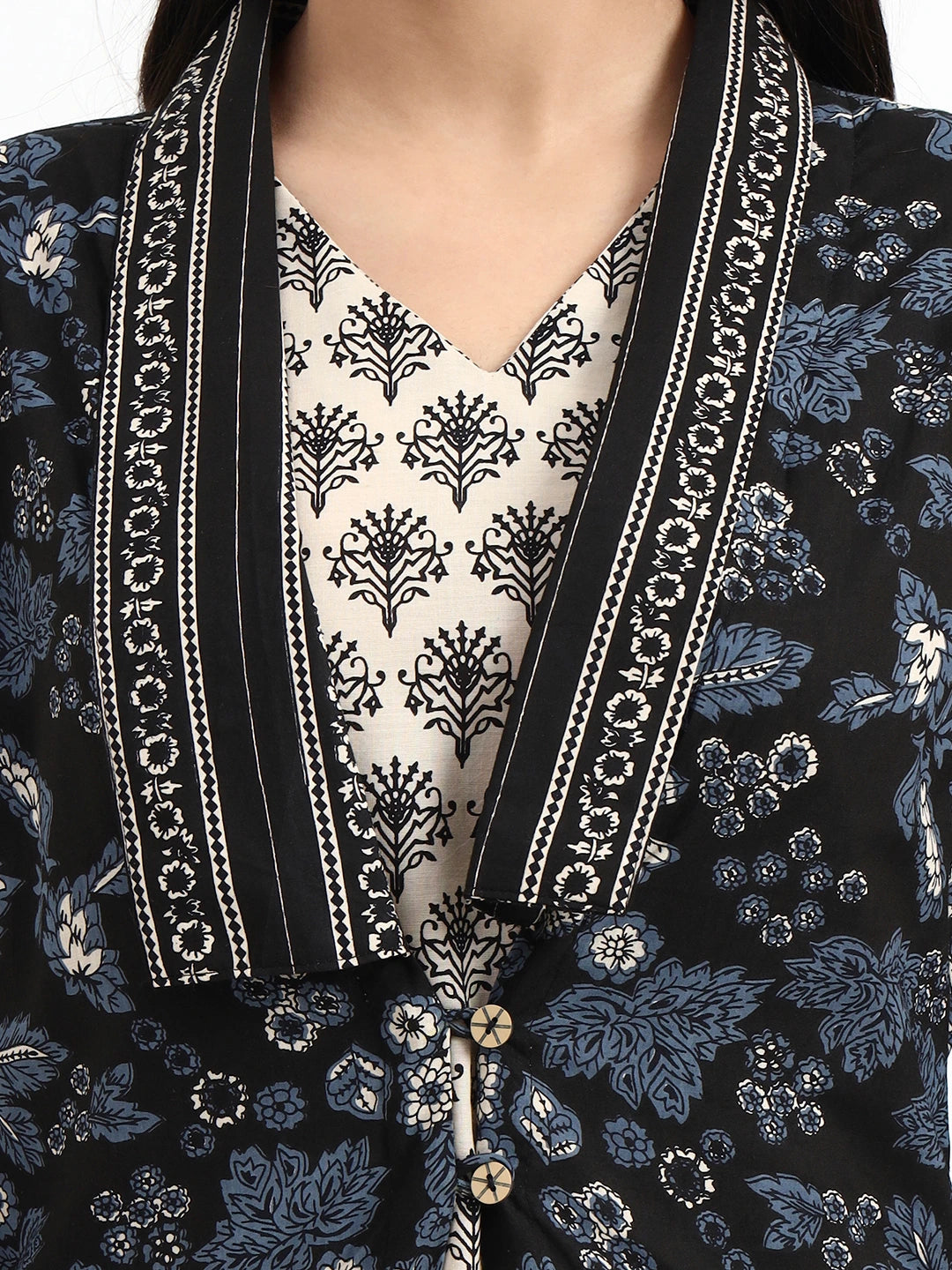 Cream Printed Pure Cotton Straight Black Including Jacket-Style Co-Ord Set
