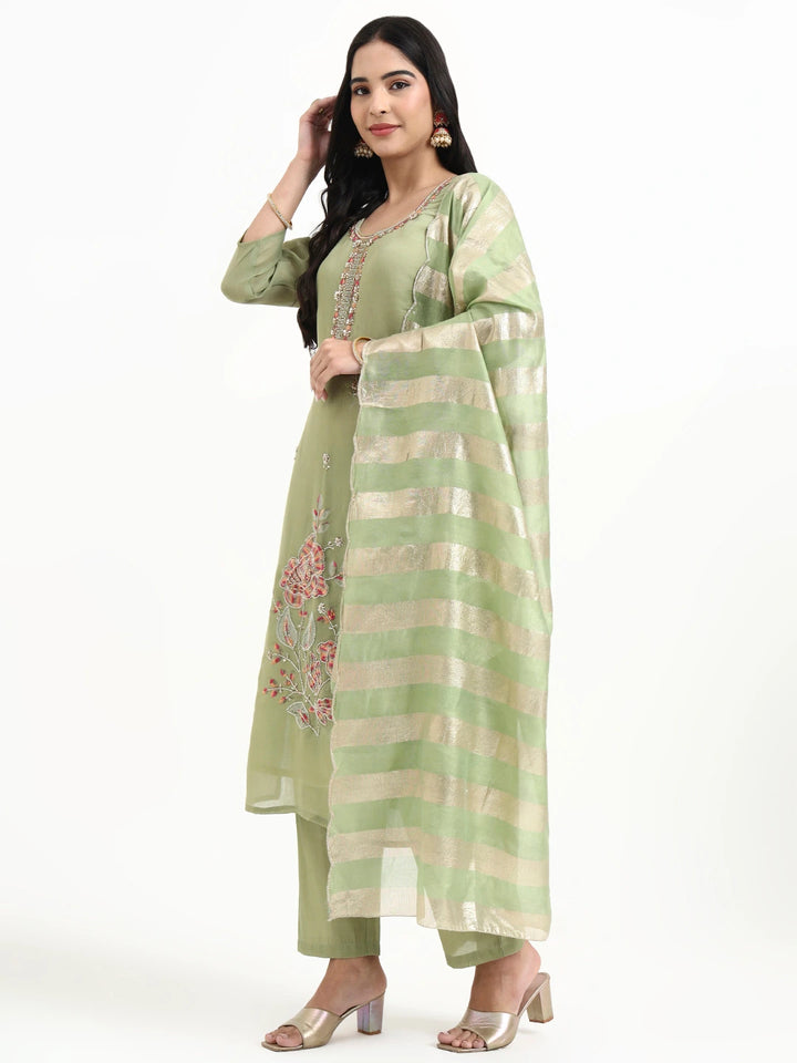 Green Solid Straight Style Chanderi Silk Lining Kurta Trouser Dupatta Set