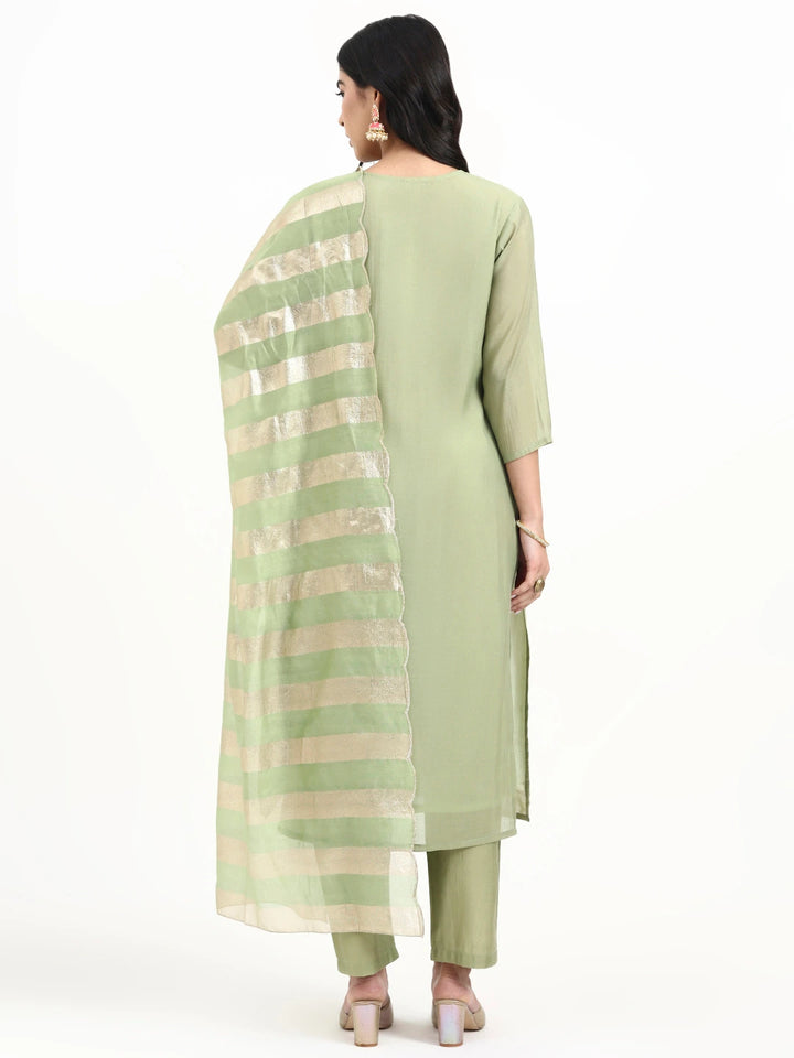 Green Solid Straight Style Chanderi Silk Lining Kurta Trouser Dupatta Set