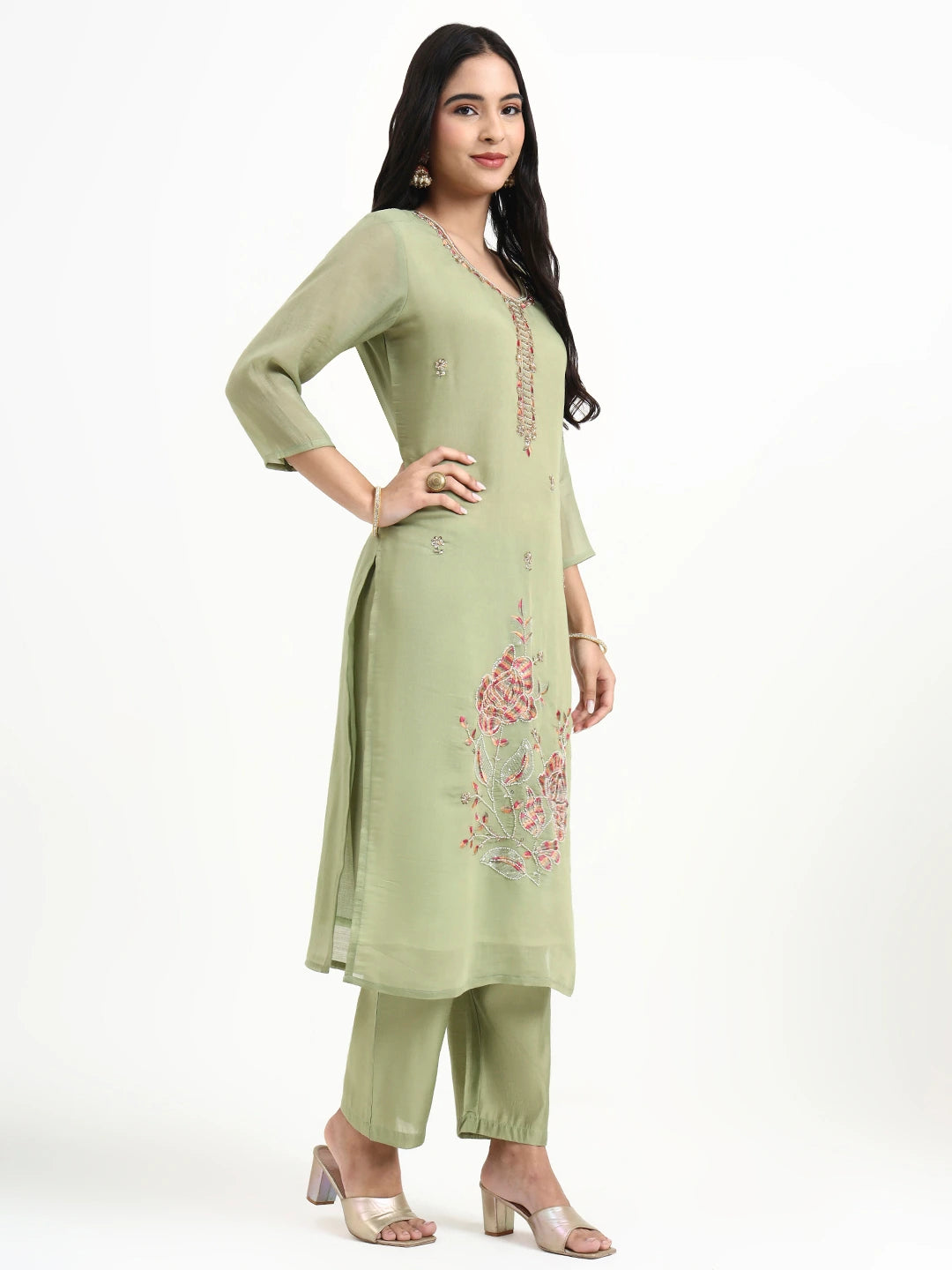 Green Solid Straight Style Chanderi Silk Lining Kurta Trouser Dupatta Set