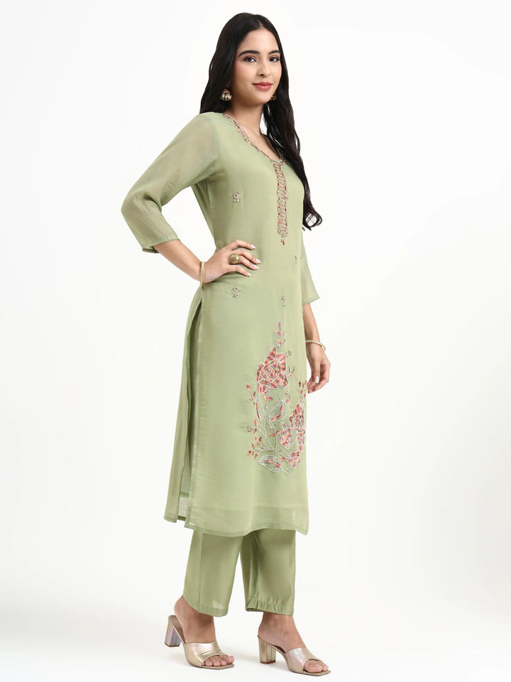 Green Solid Straight Style Chanderi Silk Lining Kurta Trouser Dupatta Set