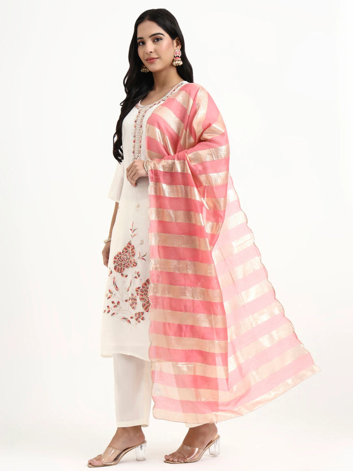 White Solid Straight Style Chanderi Silk Lining Kurta Trouser Dupatta Set