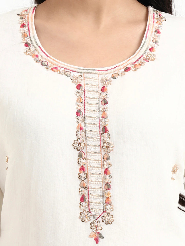 White Solid Straight Style Chanderi Silk Lining Kurta Trouser Dupatta Set