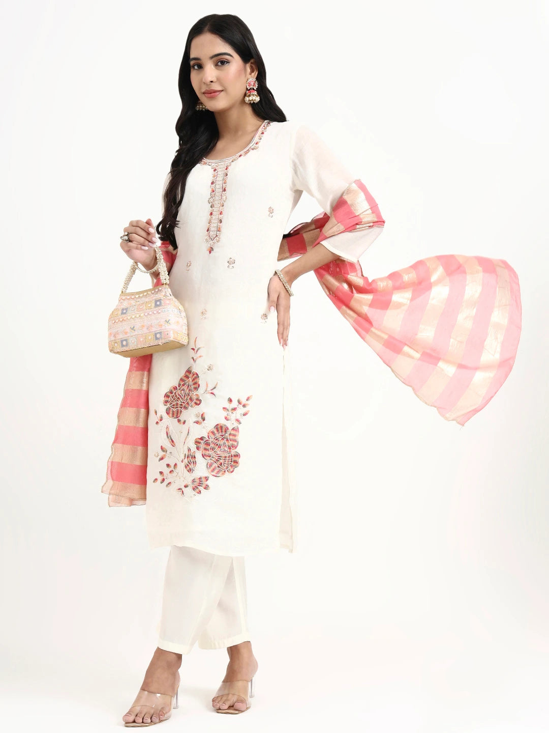 White Solid Straight Style Chanderi Silk Lining Kurta Trouser Dupatta Set
