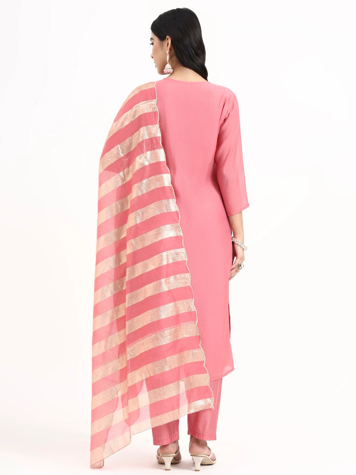 Pink Solid Straight Style Chanderi Silk Lining Kurta Trouser Dupatta Set
