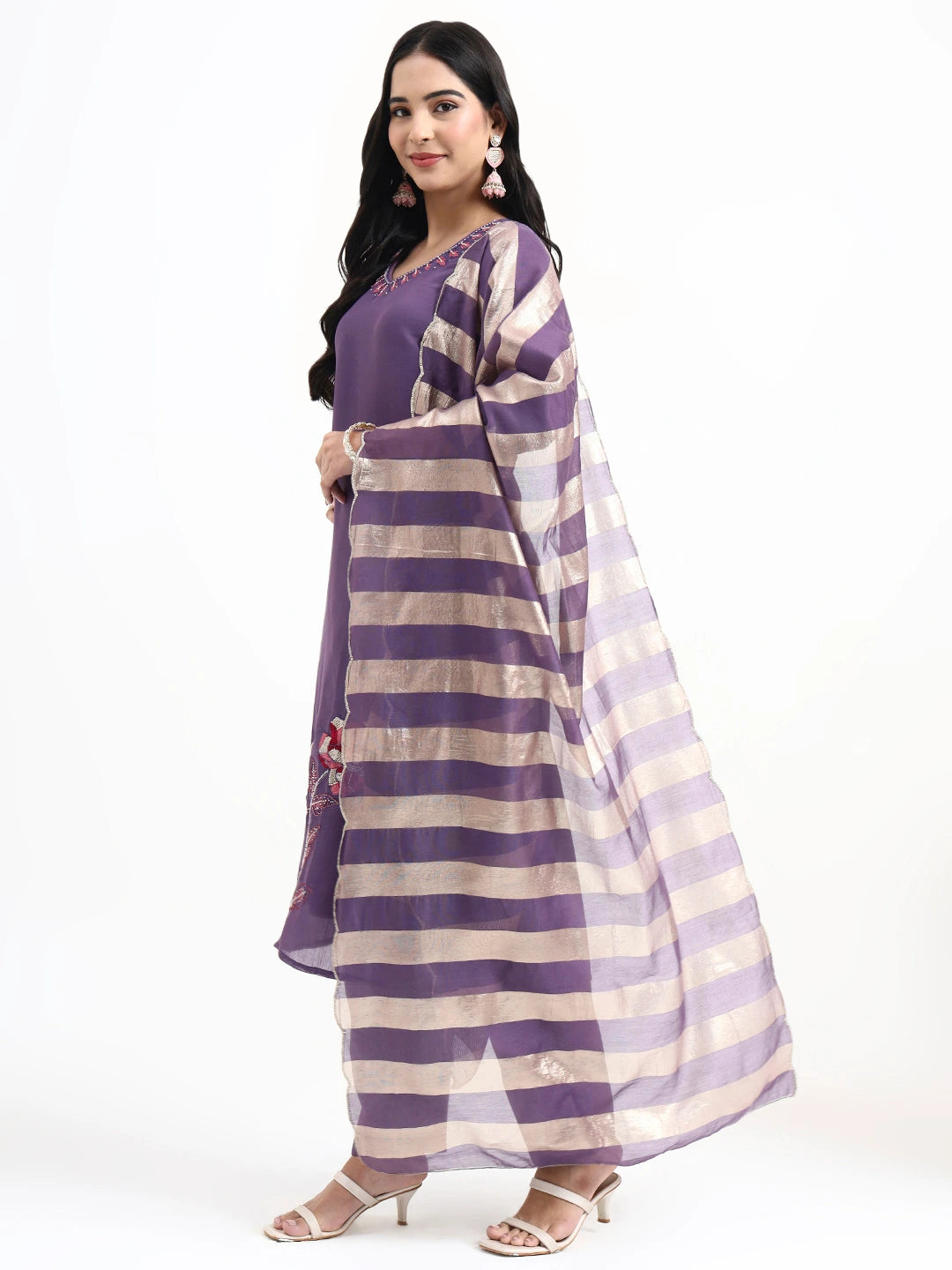 Purple Solid Straight Style Chanderi Silk Lining Kurta Trouser Dupatta Set