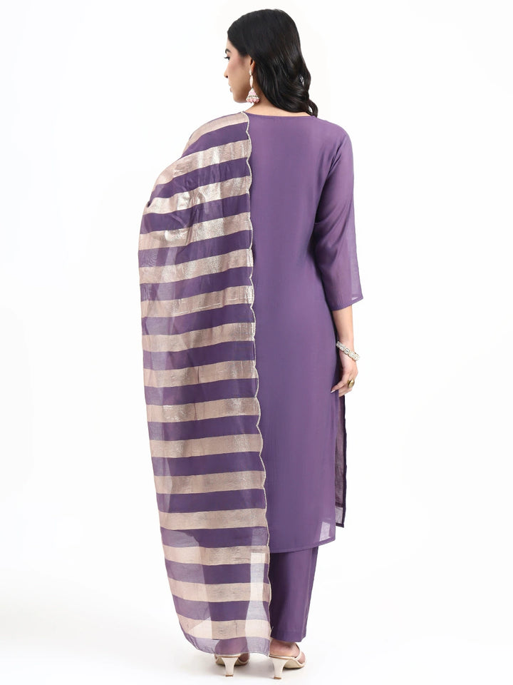 Purple Solid Straight Style Chanderi Silk Lining Kurta Trouser Dupatta Set