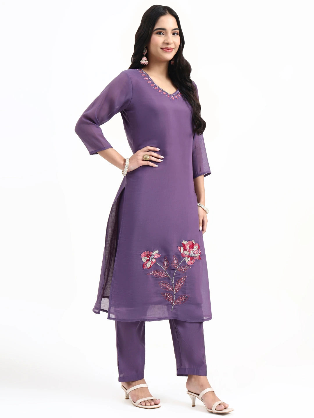 Purple Solid Straight Style Chanderi Silk Lining Kurta Trouser Dupatta Set