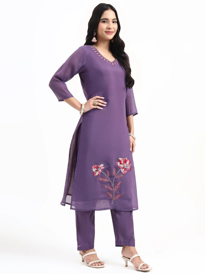 Purple Solid Straight Style Chanderi Silk Lining Kurta Trouser Dupatta Set