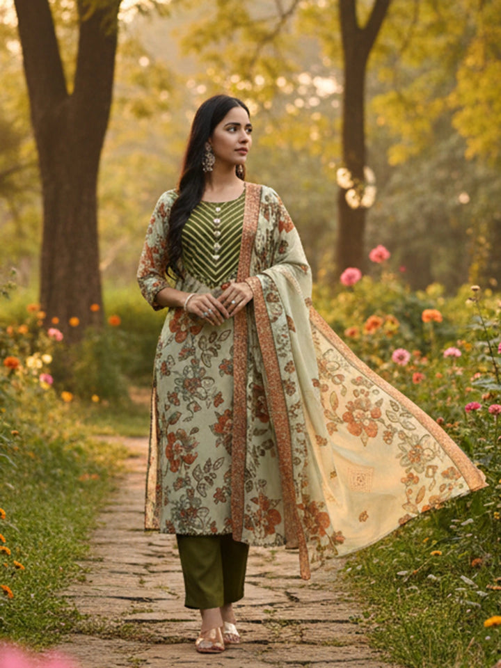 Green Lensing A Line Kurta Trouser Dupatta Set