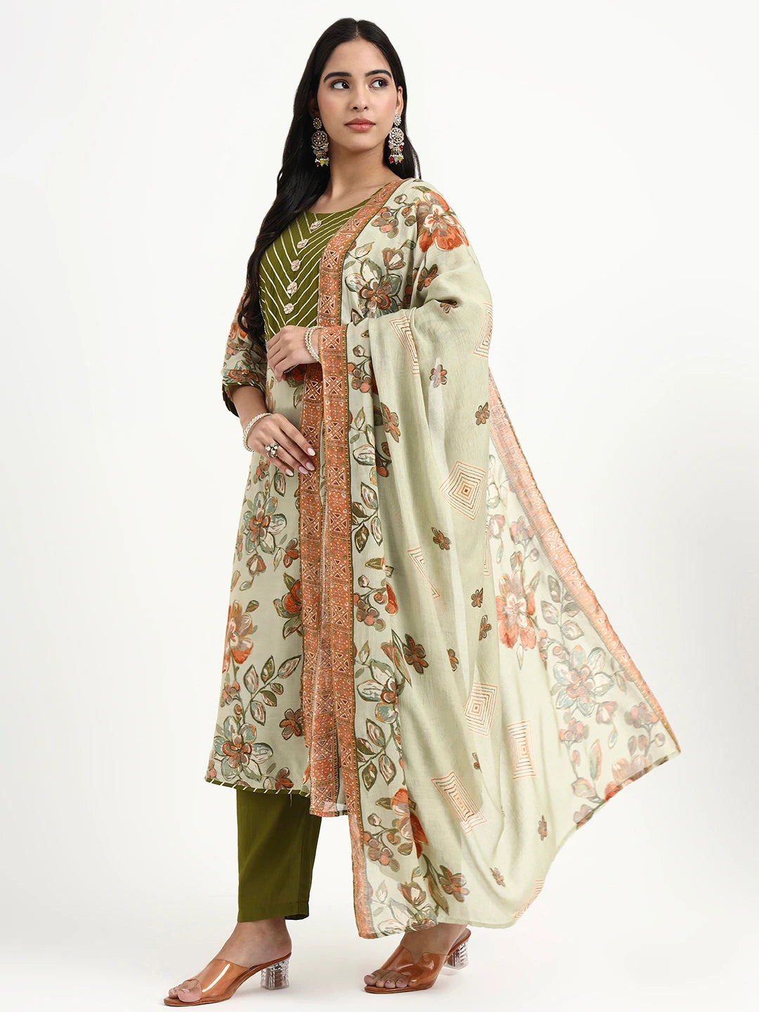 Green Lensing A Line Kurta Trouser Dupatta Set